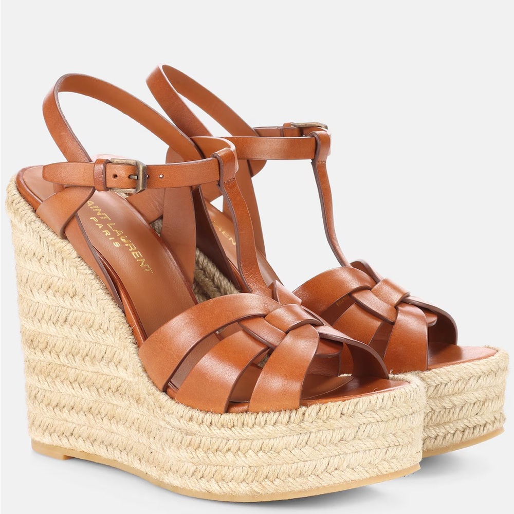 New Size 41 Saint Laurent Calfskin T-Strap Espadrille Platform Sandals